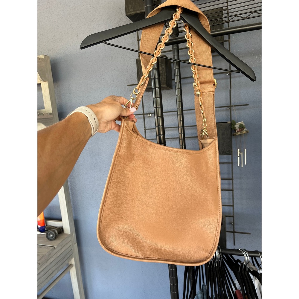 Lux Inspired Tan Vegan Leather Messenger Bag Crossbody Shoulder Boho Gold Chain